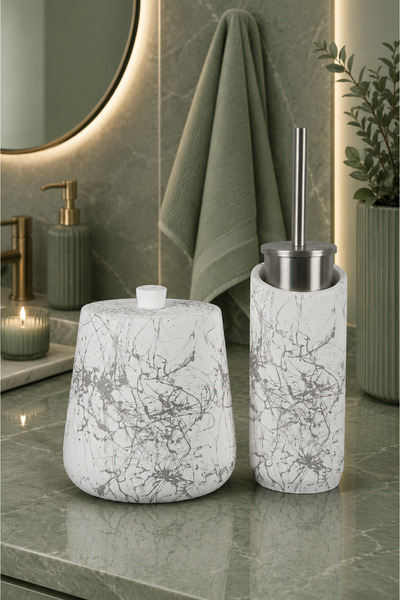 betonmall Set WC pentru baie din beton cu model de marmură 4 buc. Perie de to...