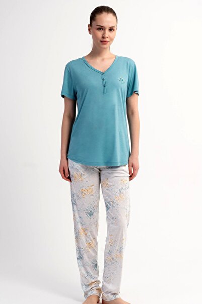 KEZOKİNO Women's Half Button Short Sleeve Green Pajama Set Relaxed Cut Summer...