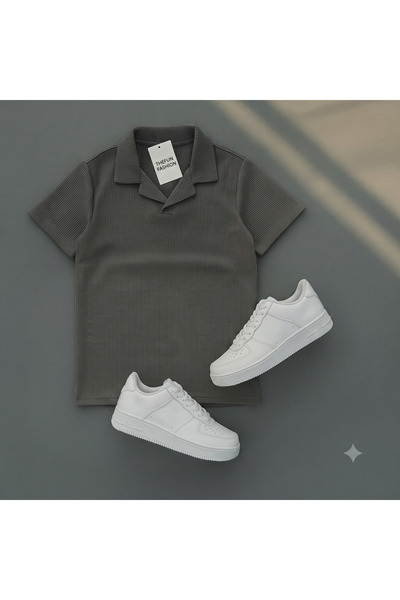thefun fashion Men's Gray Ribbed Ottoman Air-Permeable Polo Collar T-Shirt