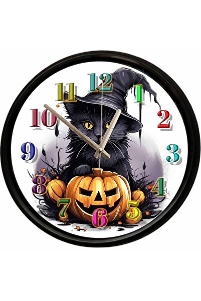Caseras Decorative Wall Clock with Witch Hat, Black Cat and Pumpkin Theme, 28...