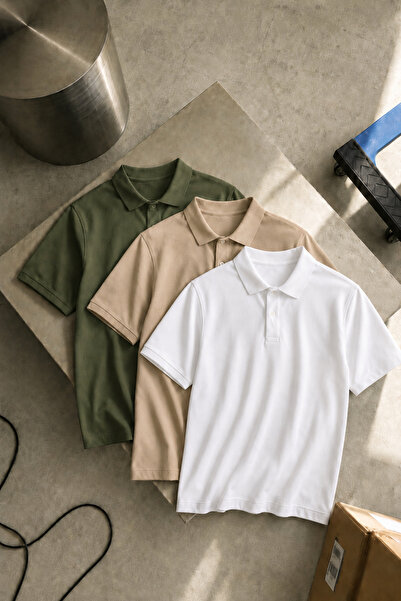 COMBİNE MİCHAİL Men's Short Sleeve 3-Piece Loose Polo Collar T-Shirt