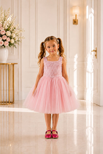 She Dress By Kubra Aksoy Kız Çocuk Pembe Tüllü Dantelli Abiye Doğum Günü Elbi...