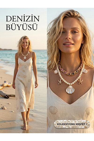 CROCUS DESIGN Tasarım gold zincir detaylı inci boncuk yaz kolyesi