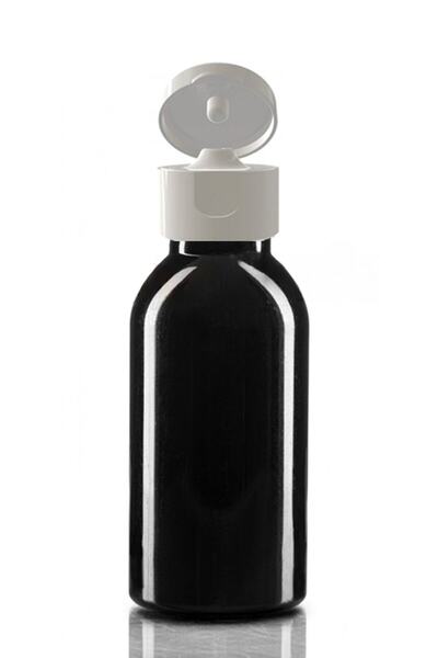 makrobay 100 Adet - 100ml Plastik Siyah Oval Boyunlu Şişe, Boş Açmalı Beyaz Kapaklı Pet Şişe