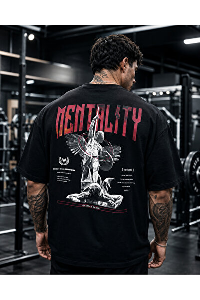 Modivibe Mentality Baskılı Oversize Unisex Siyah Tişört Gym Fitness Streetwear