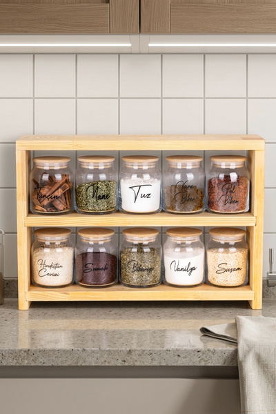 Dolkin Home 3-Tier Wooden Stand with 10 Spice Jars Set 300 ml Glass Jars with...