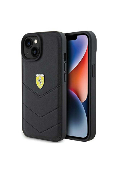 Ferrari Carcasă matlasată cu logo metalic pentru iPhone 15, negru
