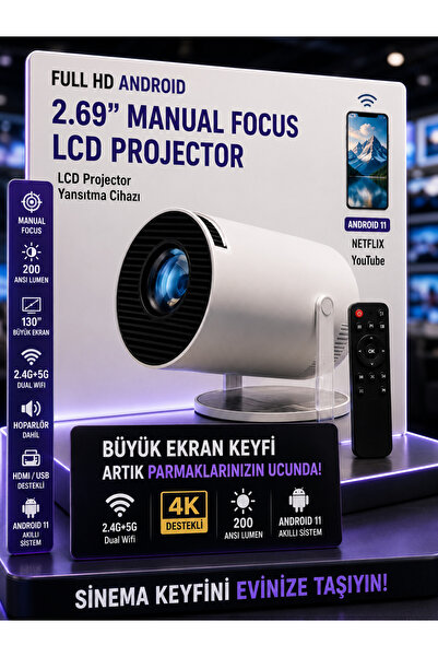 DEANB Android WiFi 4K UHD Projektör 2.69 İnç LCD 2.4G+5G Projeksiyon Kumandal...