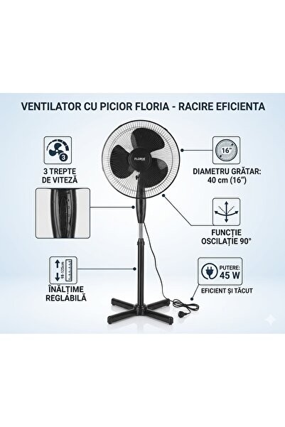 Floria Ventilator cu picior oscilant, 45W, Diametru 40 cm, 3 Trepte de viteză...