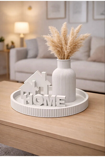 3D Dekoratif 4'lü Salon Seti - Ribanalı Sunum Tepsisi, Çizgili Vazo, HOME Yaz...