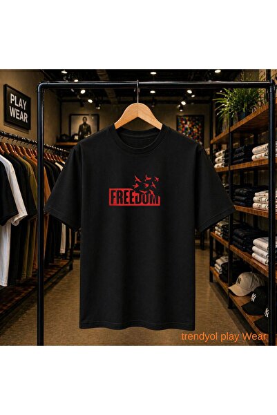playwear Μπλουζάκι με στάμπα Freedom, 100% βαμβακερό, oversized, με χαλαρή κα...