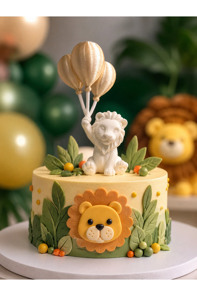 hediyesepetinde Bronz Balonlu Aslan Pasta Süsü – 10 cm Aslan Figürlü Doğum Gü...