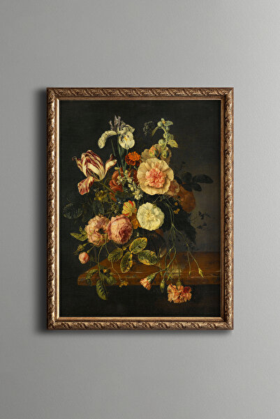 epiqart Çizgili Lale ve Gül Kompozisyonu - Vintage Desenli Çerçeve - İnce Model
