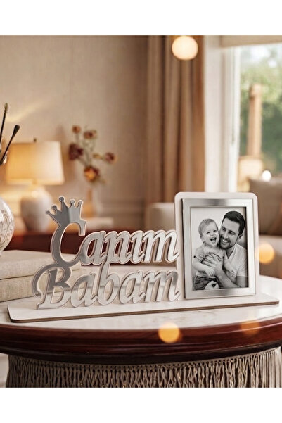 ih ihra Canım Babam Yazılı Altın Sarısı Aynalı Fotoğraf Çerçevesi - Taç Detay...