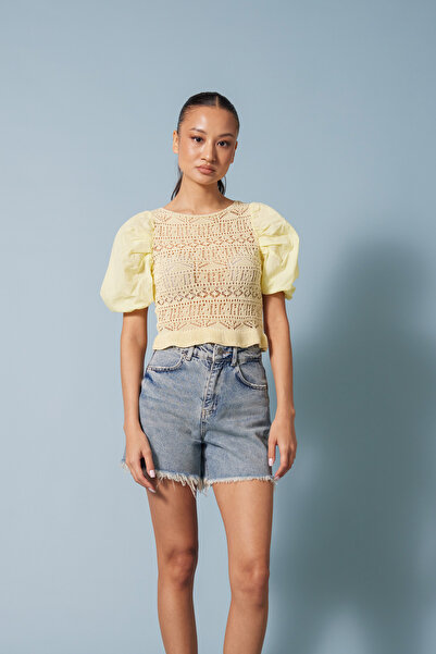 Nisan Balon Kol Detailled Openwork Knitted Blouse Yellow