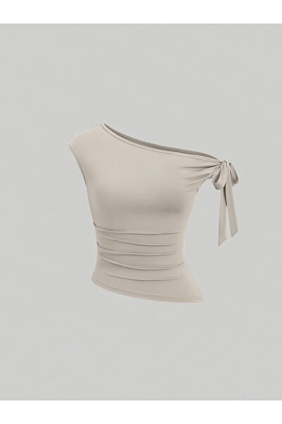 Take Two By Styli Beige One Shoulder Knot-Detail Top