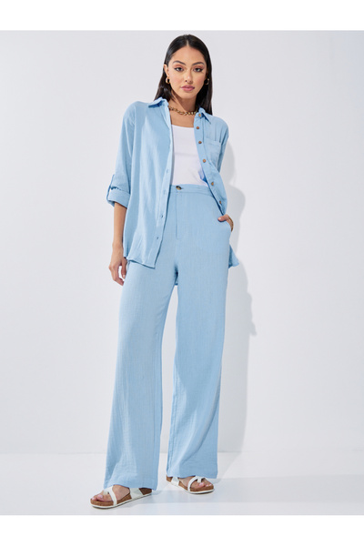 Styli High Rise Crinkled Texture Straight Leg Trouser