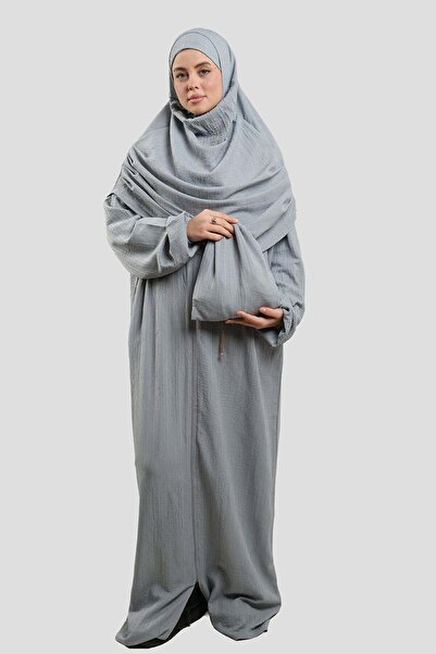 HÜRREM BONE Gray Two-Piece Zippered Prayer Dress Woven Self-Patterned 2516_15