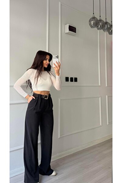 Daves Pile Detail Belted Palazzo High Waist Trousers - Black