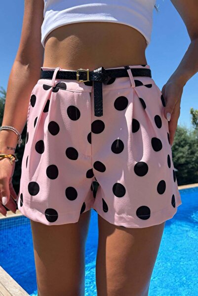 Mine Tan Butik Kemerli Puantiye Desenli Kadın Şort - Pembe