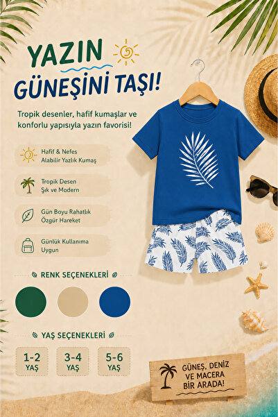 OVERMAX Palmiye Baskılı Çocuk Takım – Tişört & Şort 2’li Kombin | 1-6 Yaş Tre...