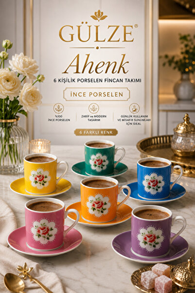 GÜLZE 6 Kişilik (12 Parça) AHENK Model İnce Porselen Kahve Fincan Takımı (Ben...