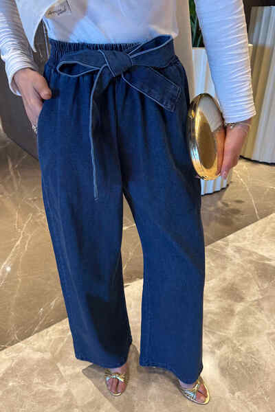 İmajButik Dark Blue Belted Denim Palazzo Trousers