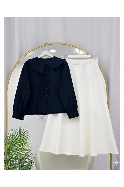 EC MODA Shawl Collar Shirt with Bow Detail Skirt Set