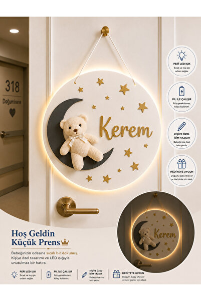 baskigo.com Kişiye Özel LED Işıklı Ayıcıklı Ay Kapı Süsü İsimli Bebek Hastane...