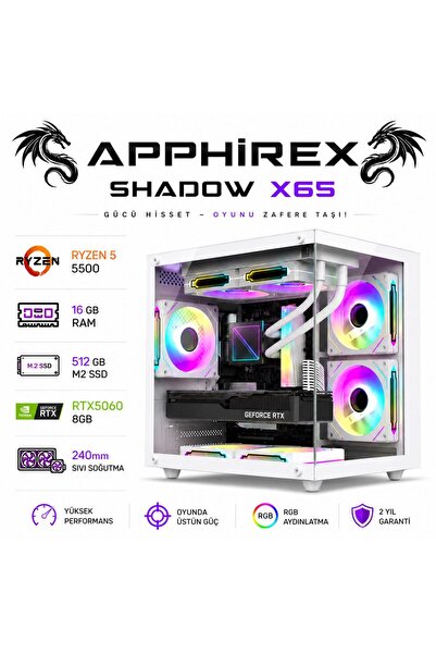 Apphirex SHADOW X65 Ryzen 5 5500 16GB RAM 512GB M2 SSD RTX5060 Beyaz Sıvı Soğutmalı Masaüstü Oyun Bilgisayarı
