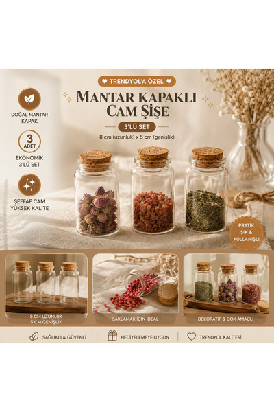 GIFT 3’lü Mantar Kapaklı Cam Şişe Seti 8x5 cm | Mini Saklama Kavanozu Baharat...