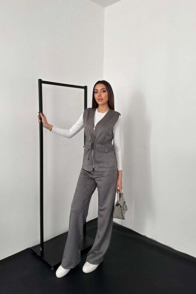 Caddebostan Moda Women's Suede Vest and Pants Two-Piece Set Combination