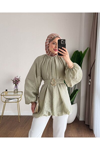 buqre's moda Balon Kol Kemerli Tokalı Tunik