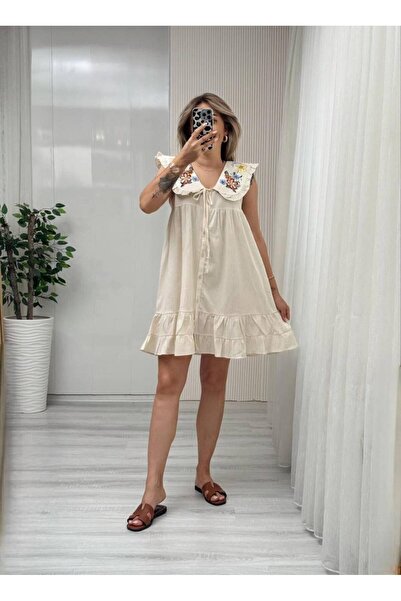 Femaura Dress - Fm501 Model Linen Dress with Embroidery Detail