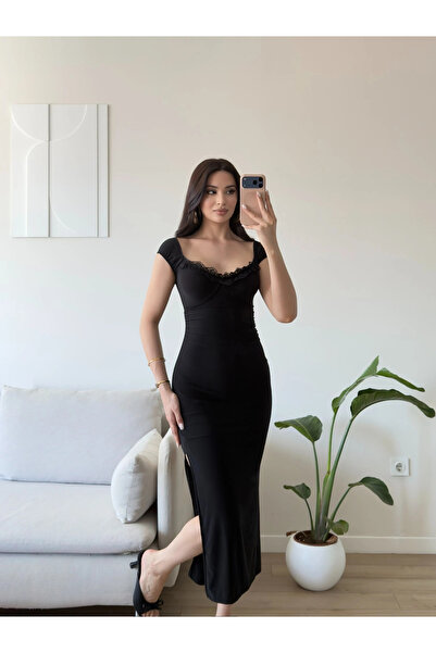 Zoom Butik Kayık Yaka Dantel Detay Elbise - SİYAH