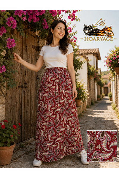 hoaryage Elastic Waist, Vibrant Colored Patterned Viscose Printed Fabric Maxi...