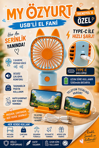 MYÖZYURT 3 Kademeli Sessiz Mini El Masa Fan Vantilatör Turbo Üfleme Kademe Ta...