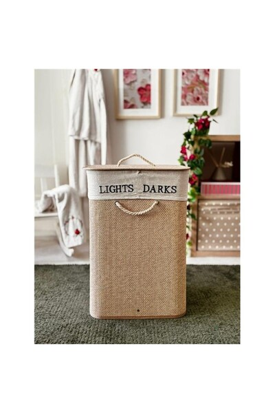 Akayev Beige Hasır 2 Bölmeli Çamaşır Sepeti (Yükseklik 60cm)
