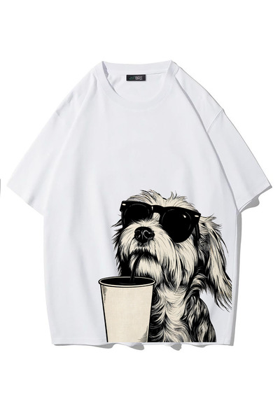 BRZ COLLECTION Tricou unisex supradimensionat cu Shih Tzu (ALB)