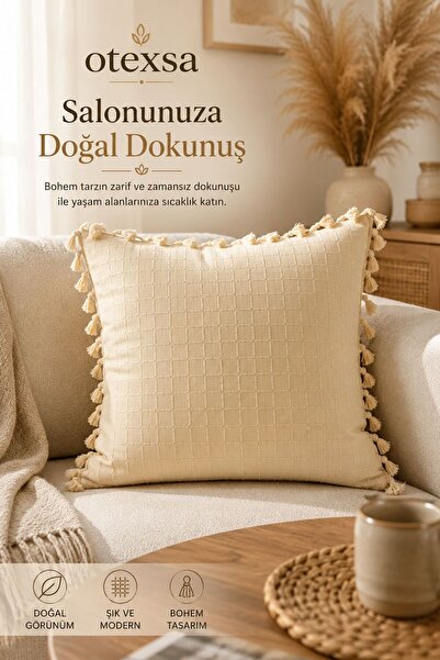 OTEXSA Püsküllü Kare Desenli Bohem Dekoratif Kırlent Kılıfı Krem Tekli Buldan...