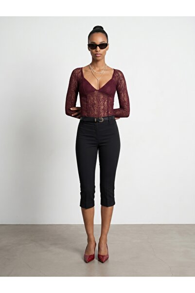Dilvin 32625 Dantel Şerit Detaylı Top-Bordo