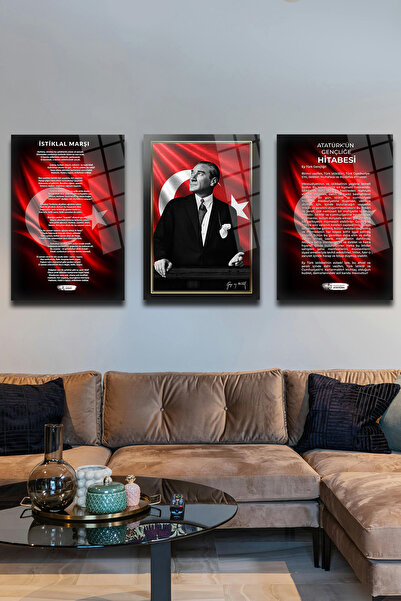 glassartdesign Set de 3 tablouri din sticlă Ataturk - Tablou Ataturk - Tablou...