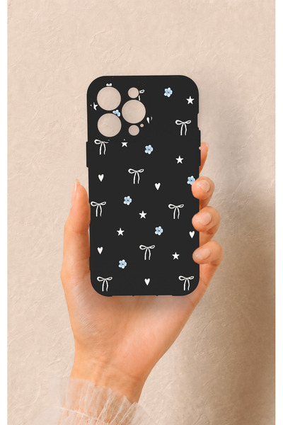 Vip Case iPhone 14 Pro Max Uyumlu Mini Fiyonk Siyah Desenli Silikon Kılıf