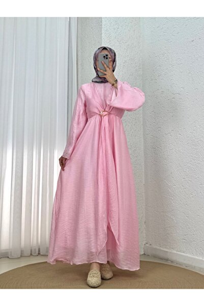 Holehola Wide-Sleeved Voile Dress with Front Buckle and Bolero-Fa1116 Pink