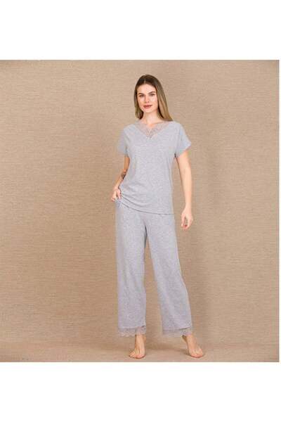Generic Brand Viscose Stylish Design Lace Embroidered Gray Short Sleeve Pajam...