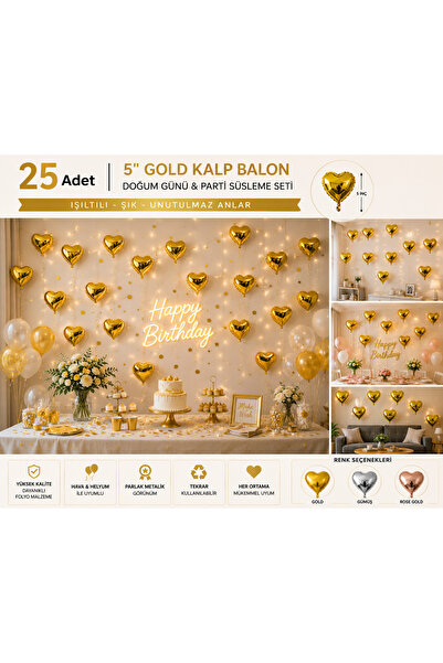 Dizayn Parti Evi 25 Adet Kalp Folyo Balon Seti 5 İnç & 10 İnç Gold Renk Doğum...
