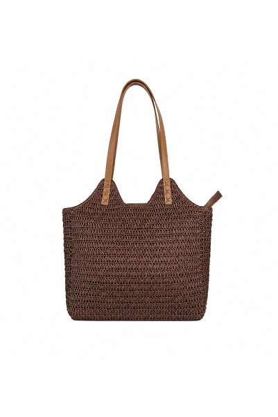 Mirel çanta Women's Straw Bag with Leather Strap Detail, Beach Bag, Dark Brown