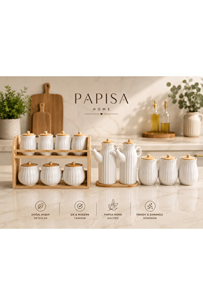 PAPİSAHOME 13 Parça Porselen Bambu Standlı 2li Papatya Yağdanlık, 3lü Kavanoz...