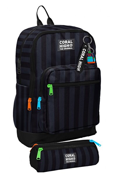 Coral High Set rucsac școlar și suport pentru creion - cu model cu dungi negr...