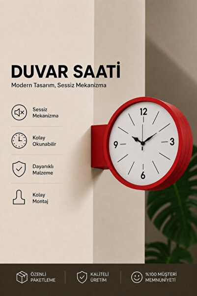 Tovo Craft Modern Yuvarlak Çift Taraflı Duvar Saati Sessiz Mekanizmalı Turunc...
